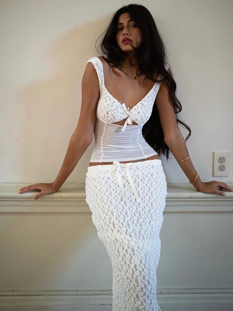 Sexy Lace Patchwork Two Piece Set Women Tank Top Slim Top Transparent Fit Long Skirt Set Elegant Party Club Autumn 2023