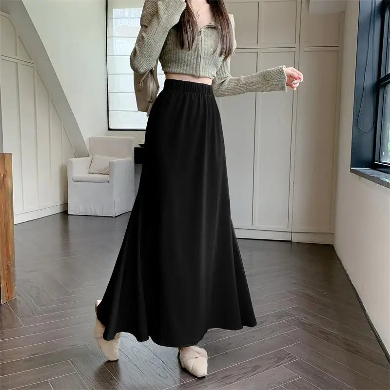 Autumn Winter Women's Black Elastic High Waist Fishtail Skirt Korean Version Beige Elegant Vacation Pleated A-line Long Skirts