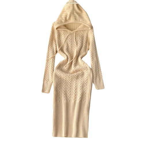 Load image into Gallery viewer, Retro Black Long-sleeved Party Sweater Midi Dress Autumn Winter Hooded Loose Women's Beige Elegant Twists Knitted Hip Wrap Dress
