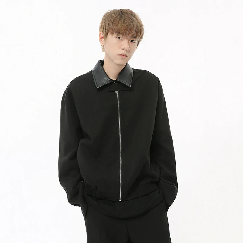 Korean style men's coats PU splicing loose simple turn-down collar solid color casual male jackets new fashion 9C8724