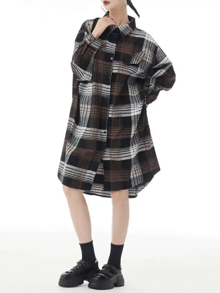 Women Plaid Big Size Knee-Length Shirt Dress New Lapel Long Sleeve A-line Loose Fit Fashion Spring Autumn 2025 1DH2091