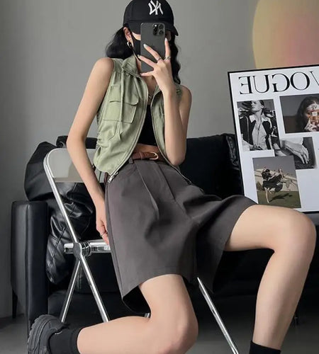 Summer Loose Women's Solid Elegant High Waist Workwear Wide Leg Shorts Korean Casual Straight Short Pants Ladies Fashion Trend