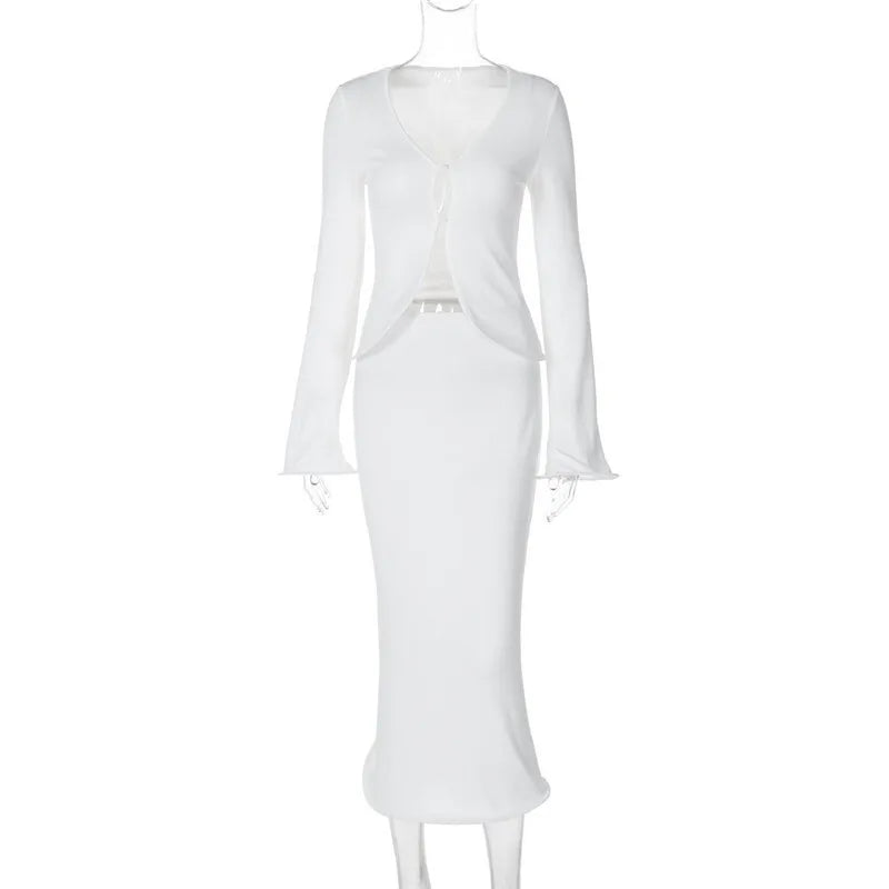 Elegant Sexy Skirt Two Piece Sets Women Autumn New V Neck Long Sleeve T-shirt And Long Skirt Matching Two Piece Sets