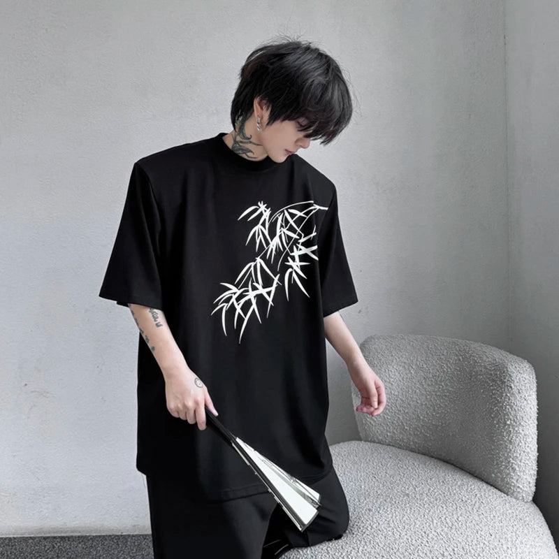 Men's Short Sleeve T-shirt Chinese Style Bamboo Print Loose O-Neck Trend Man Top Summer Stylish Pullover 9C5551