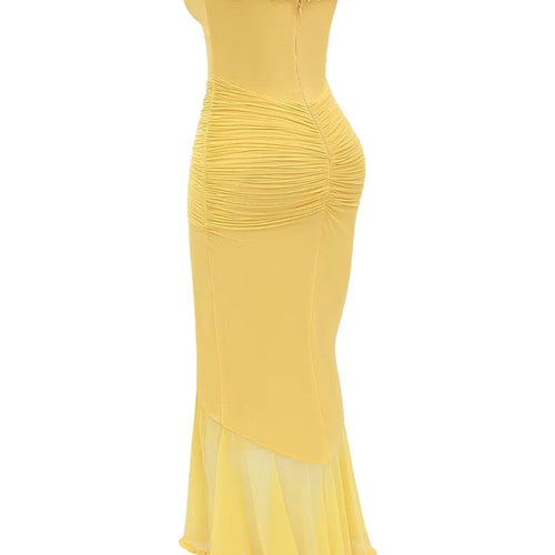 Load image into Gallery viewer, Ruffled Draped Ruched Sexy Maxi Dress For Women Yellow Spaghetti Strap Sleeveless Backless Club Party Sexy Long Dress

