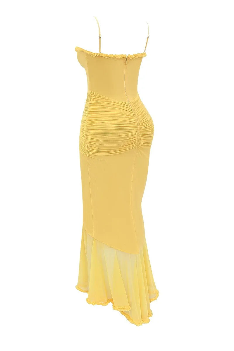 Ruffled Draped Ruched Sexy Maxi Dress For Women Yellow Spaghetti Strap Sleeveless Backless Club Party Sexy Long Dress