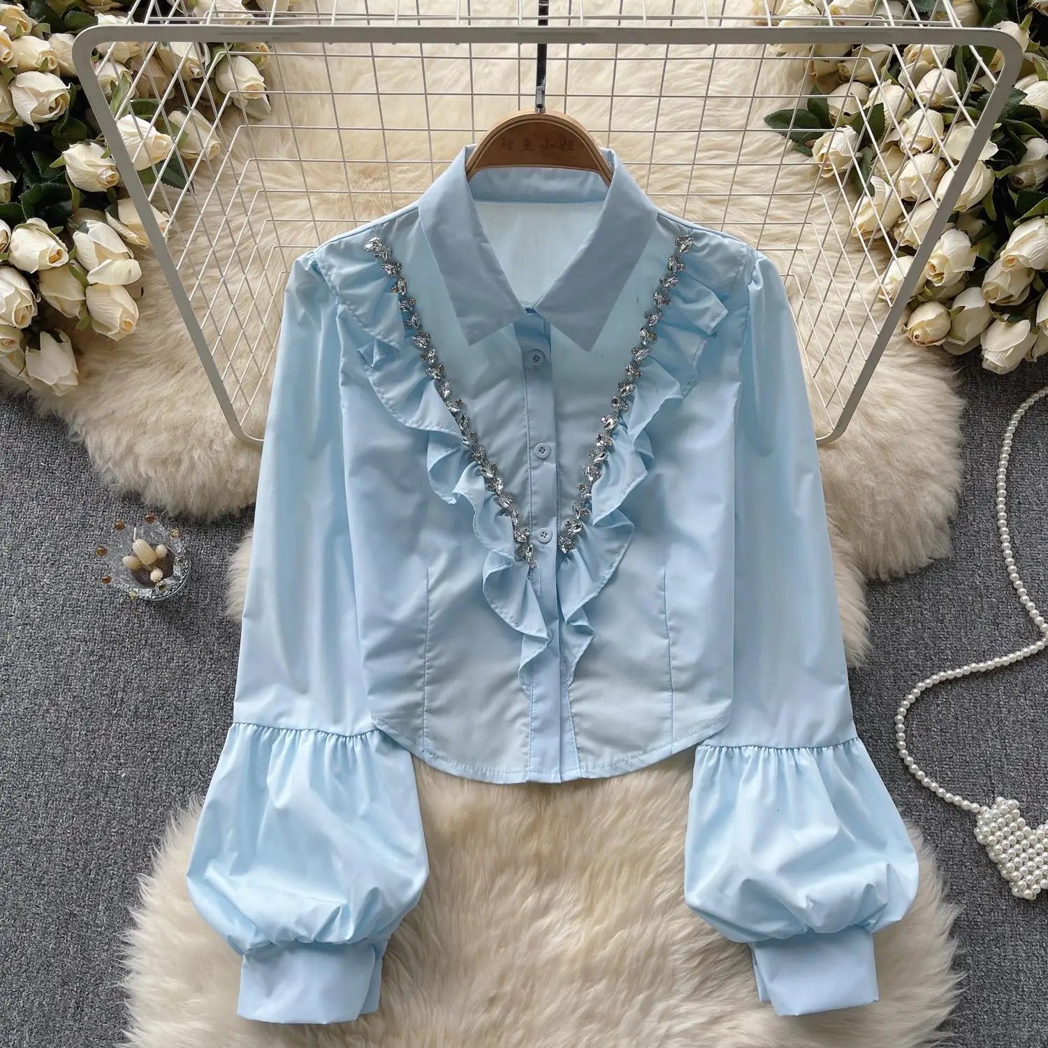 French Vintage Solid Elegant Long Sleeve Ruffle Tops Autumn Female Turn-down Collar Shirt Women Button Versatile Pleated Blouse