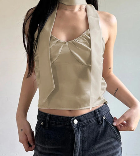 Fashion V Neck Solid Summer Satin Top Camisole Chic Retro Folds Camisole Scarf Cute Korean Style Cropped Women's Tops