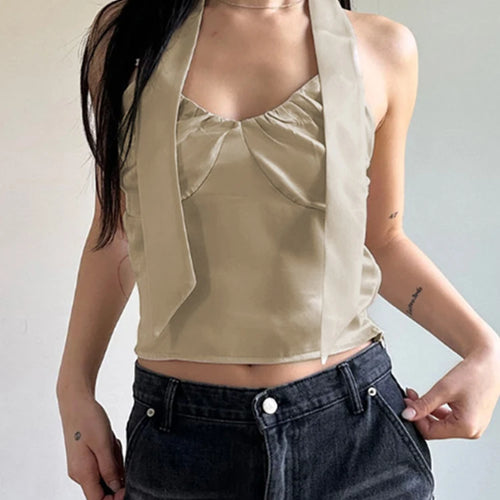 Load image into Gallery viewer, Fashion V Neck Solid Summer Satin Top Camisole Chic Retro Folds Camisole Scarf Cute Korean Style Cropped Women&#39;s Tops
