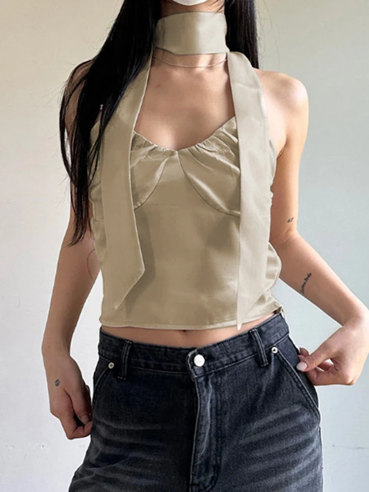 Fashion V Neck Solid Summer Satin Top Camisole Chic Retro Folds Camisole Scarf Cute Korean Style Cropped Women's Tops