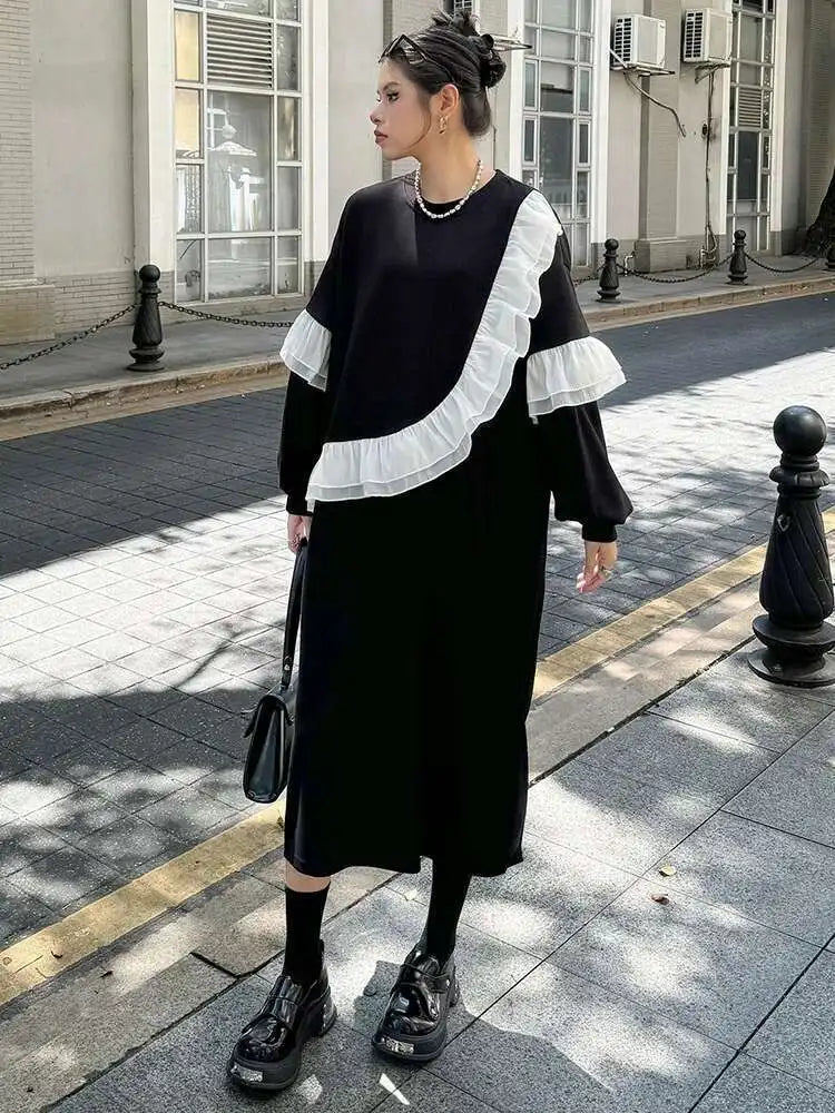 Women Black Ruffles Spliced Big Size Long Casual Dress New Round Neck Long Sleeve Fashion Tide Spring Autumn 2025 1DH7701