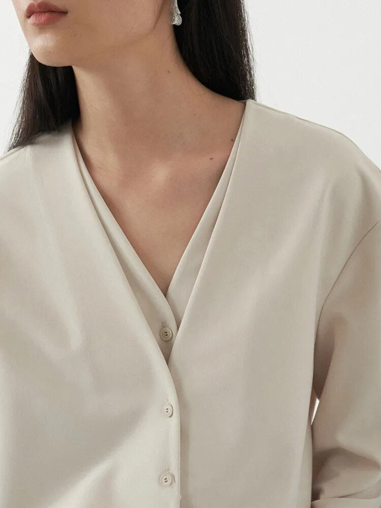 Minimalist Shirts For Women V Neck Logn Sleeve Patchwork Button Casual Loose Solid Blouse Female Fashion Clothes