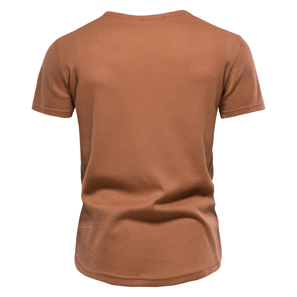 Waffle Men's t-shirts Solid Color O-neck Short Sleeve Casual T-shirts for Men New Summer Basic Breathable Tops Tee Men