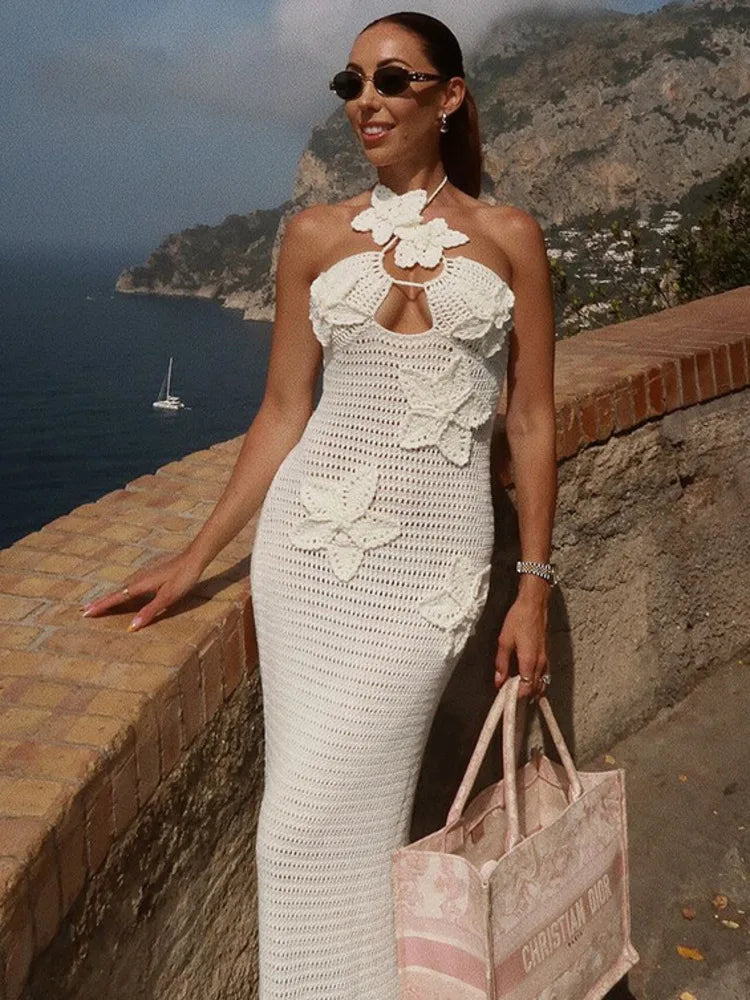 See Through Crochet Floral Knit Sexy Maxi Dress For Women Halter Sleeveless Backless Party Long Dress Beachwear New