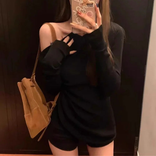 Load image into Gallery viewer, y2k Crop Top Clothing Women Solid Color Slant Neck Off Shoulder Long Sleeve Ruched T Shirt 2000s Clothes Streetwear

