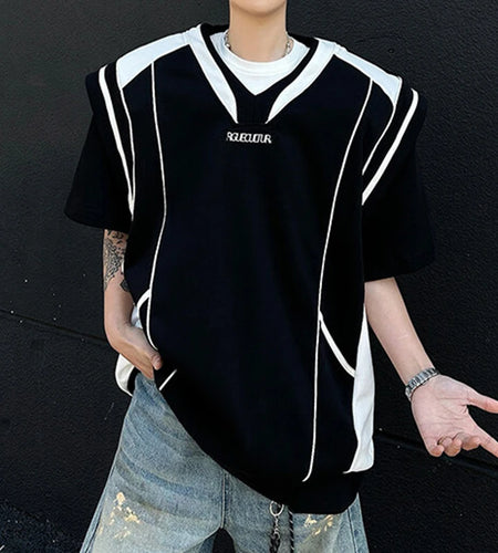 Men's T-shirts Short Sleeve Trendy Contrast Color Shoulder Pad Fake Two-piece Handsome Design Pullover Menwear 9W1703