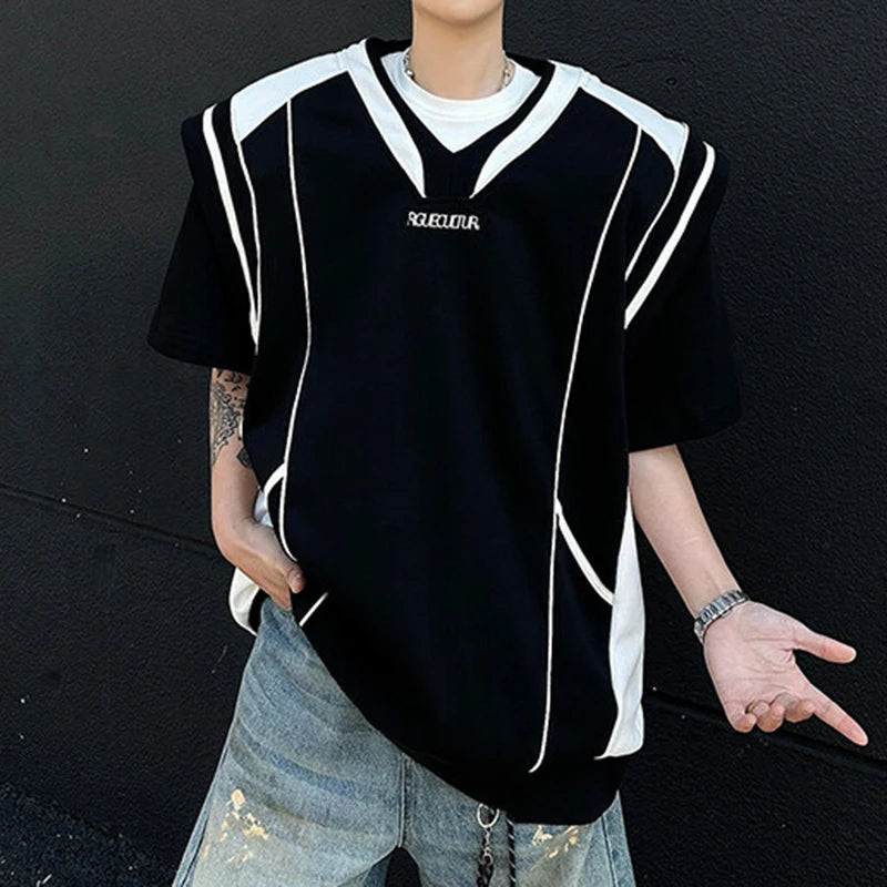 Men's T-shirts Short Sleeve Trendy Contrast Color Shoulder Pad Fake Two-piece Handsome Design Pullover Menwear 9W1703