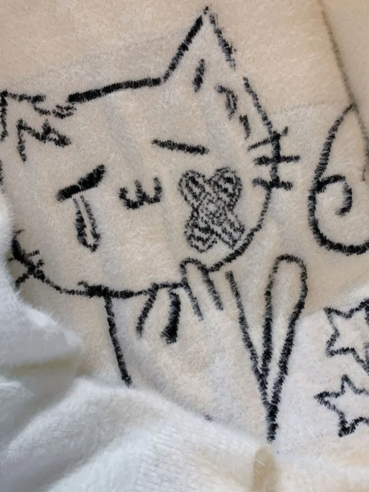 Vintage Preppy Kawaii Cartoon Jacquard Pullovers Sweet Harajuku Loose Grunge Jumpers Y2k Aesthetic Women White Knitted Sweaters