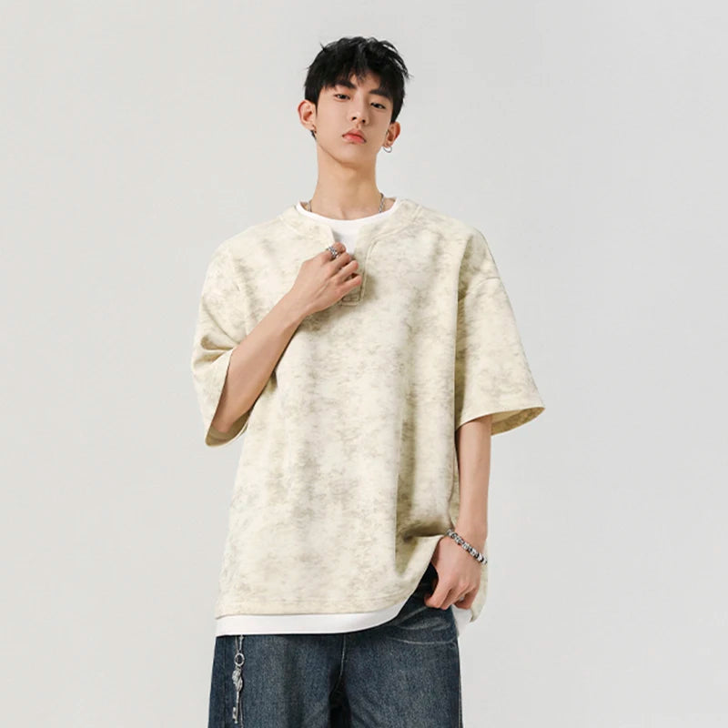 Men's T-shirt Short Sleeve New Summer Tie Dye Design V-neck Fake Two-pieces Sylish Solid Color Trendy Male Clothing 9W1934