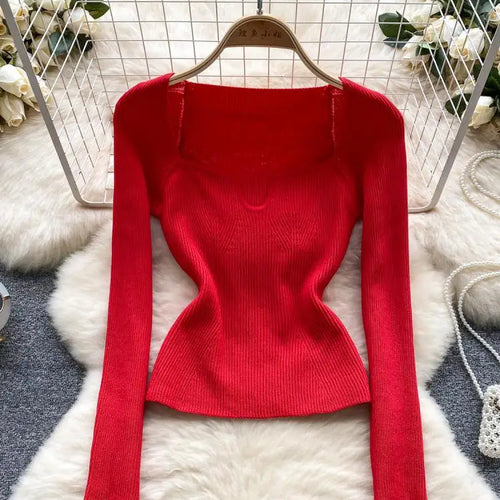 Load image into Gallery viewer, Fashion Solid Knitted Square Collar Long Sleeves Slim Fit Tops Women France Autumn Office Lady Elegant Pullover Sweater Popular
