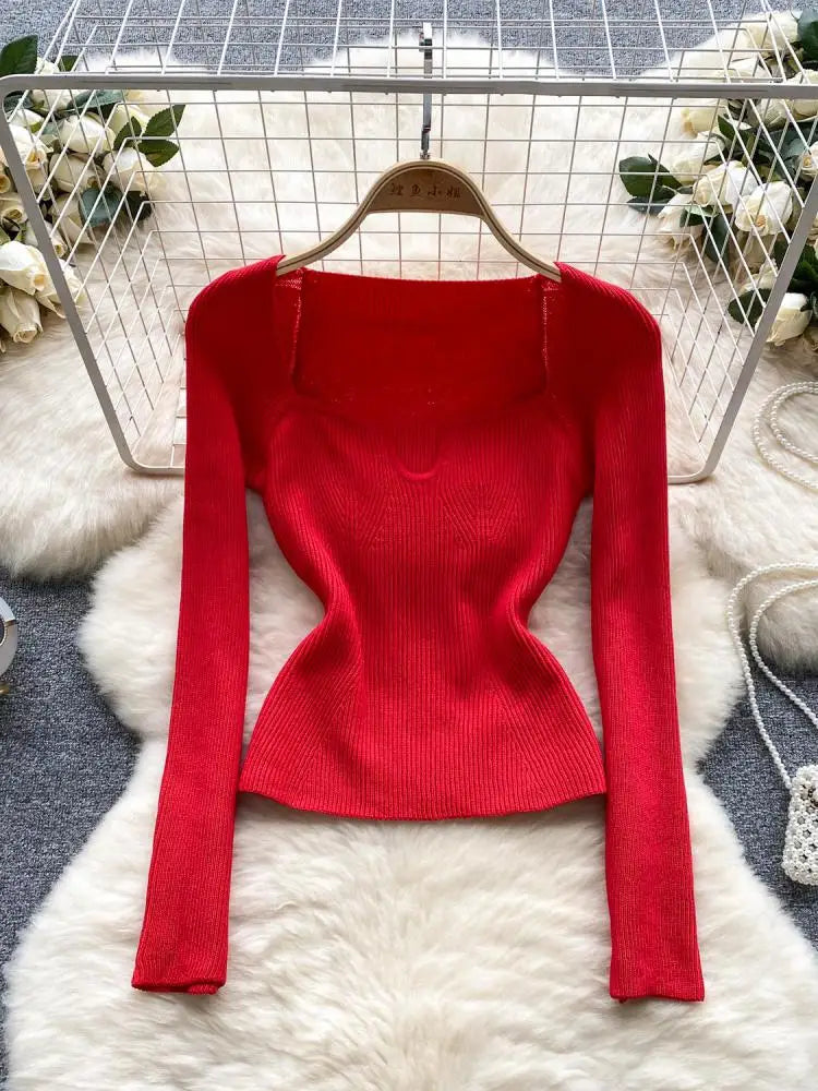 Fashion Solid Knitted Square Collar Long Sleeves Slim Fit Tops Women France Autumn Office Lady Elegant Pullover Sweater Popular