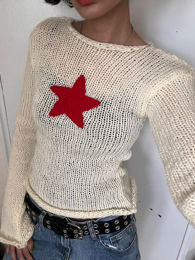 Fairycore Grunge Y2K Star Patches Women Sweaters Knitwear Cute Autumn Pullover Knit Harajuku Retro Jumpers Korean New