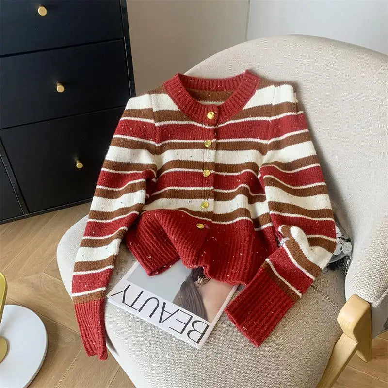 Autumn Winter Red Bright Silk Patchwork Cardigan Sweaters Women Black Striped Long Sleeve Loose Round Neck Knited Tops Outerwear