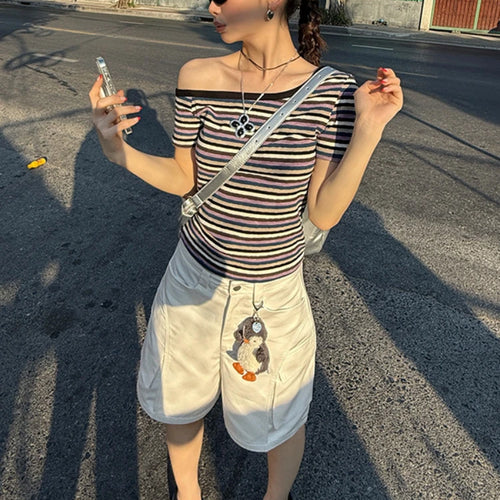 Load image into Gallery viewer, Women Harajuku Knitted Contrast Color Stripe Tops Y2k Aesthetic Sexy Slash Neck Tees Summer Slim Fit Streetwear Grunge Tshirts
