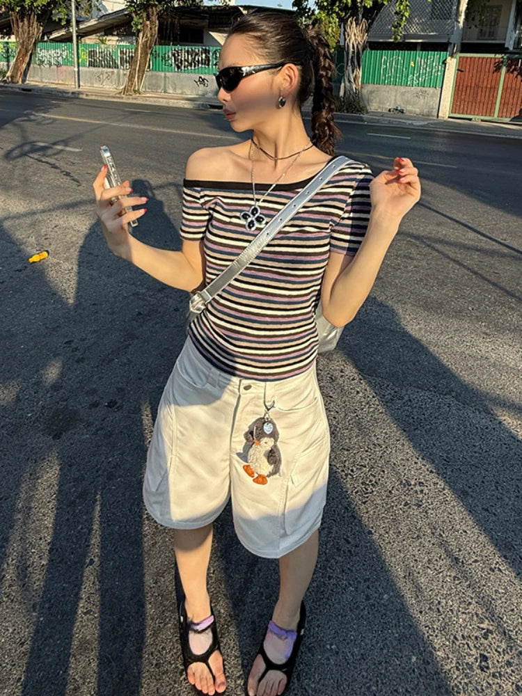 Women Harajuku Knitted Contrast Color Stripe Tops Y2k Aesthetic Sexy Slash Neck Tees Summer Slim Fit Streetwear Grunge Tshirts