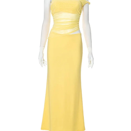 Load image into Gallery viewer, Diagonal Collar Backless Sexy Maxi Dress Women Gown Summer New Sleeveless Sheer Mesh Hollow Out Elegant Long Dress
