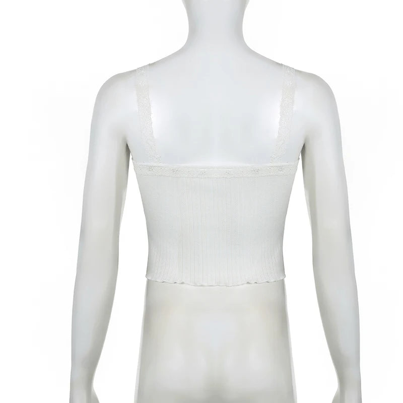 Sweet White Knit Appliques Summer Mini Top for Women Cutecore Lace Trim Y2K Aesthetic Coquette Clothes Korean Camis