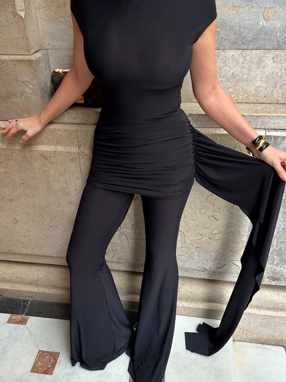 Fashion Sleeveless High Elasticity Tight Jumpsuit Pleated Ribbons Women Temperament Slim Flared Pants Rompers Spring2025