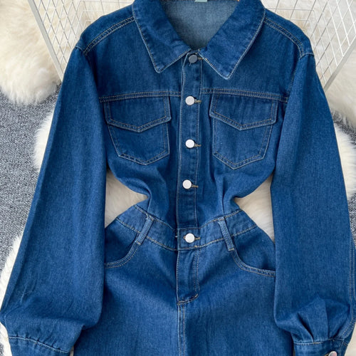Load image into Gallery viewer, Retro Fashion 2024 Autumn Women's Blue Temperament Single Breasted Slim Dresses Korean Long Sleeved Vacation Denim Dress Popular
