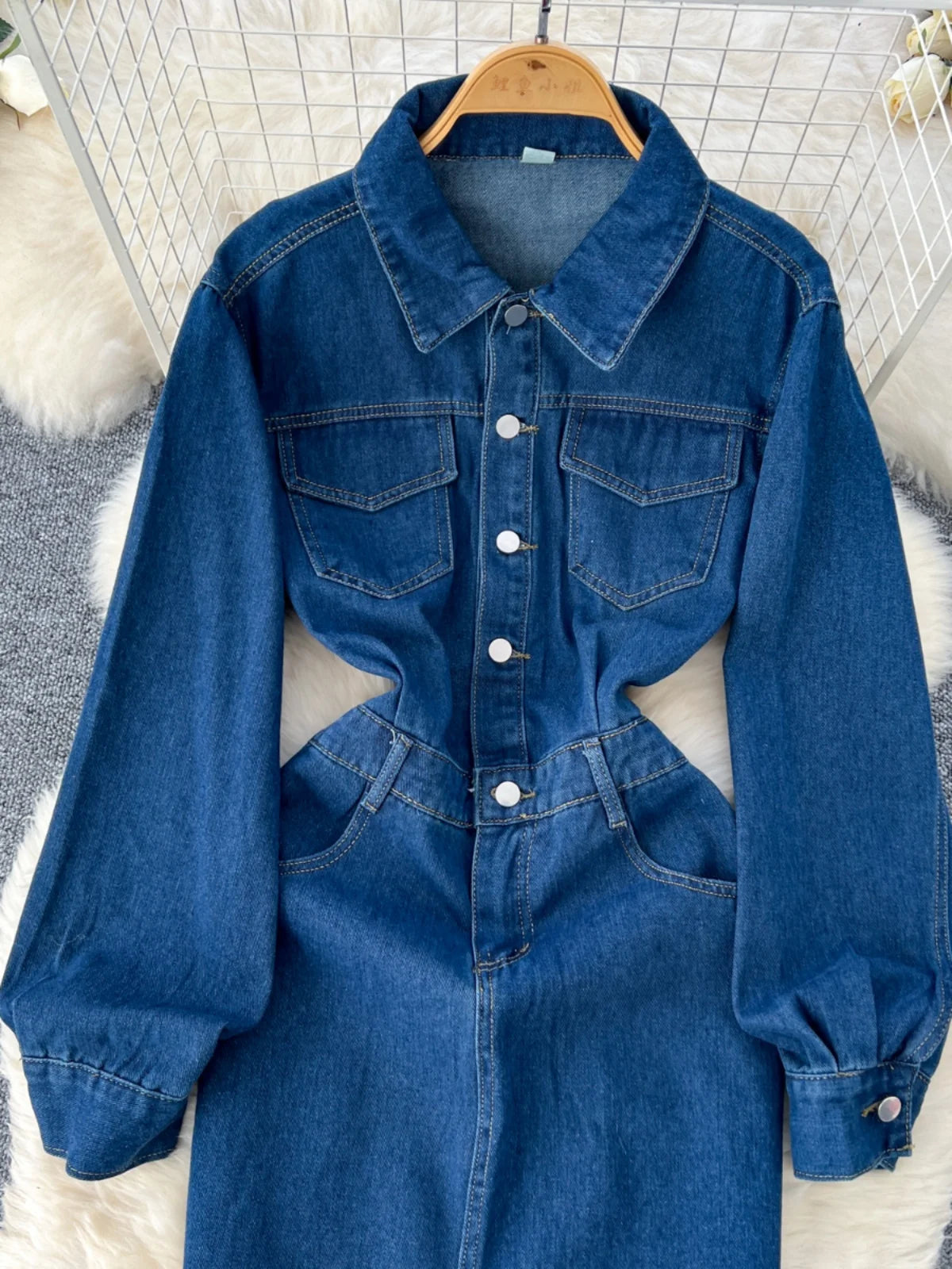 Retro Fashion 2024 Autumn Women's Blue Temperament Single Breasted Slim Dresses Korean Long Sleeved Vacation Denim Dress Popular