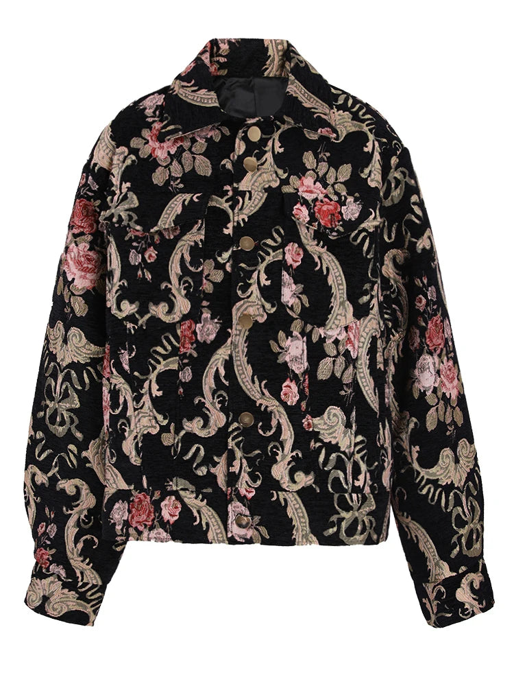 Black Jacquard Thick Big Size Vintage Jacket New Lapel Long Sleeve Women Coat Fashion Tide Spring Autumn 2025 CPG1148
