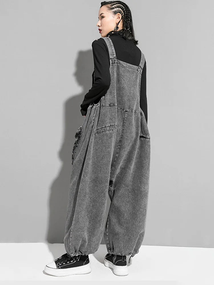 High Waist Black Pockets Denim Big Size Overalls Trousers New Loose Fit Pants Women Fashion Tide Spring Autumn 2025 1K164