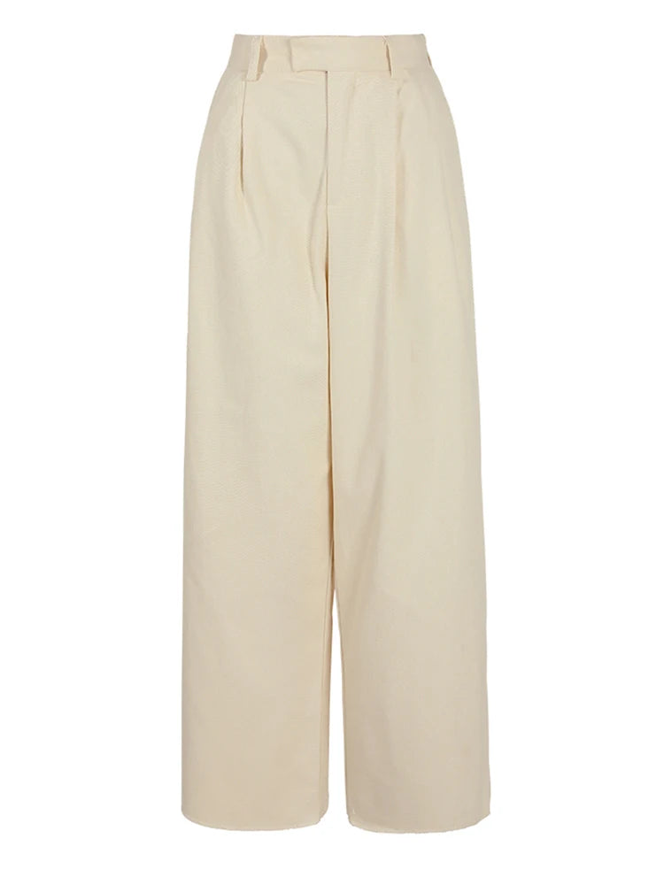 High Waist Beige Pleated Pocket Elegant Long Wide Leg Pants New Trousers Women Fashion Tide Spring Autumn 2025 26D5510