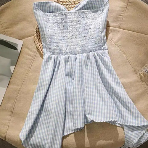 Load image into Gallery viewer, Summer French Plaid Off Shoulder Sleeveless Irregular Strapless Tops Women Backless High Waist Slim Short Top Fashion Clothing
