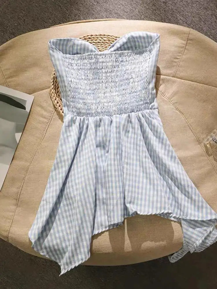 Summer French Plaid Off Shoulder Sleeveless Irregular Strapless Tops Women Backless High Waist Slim Short Top Fashion Clothing