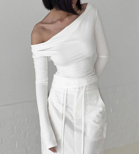 Fashion Chic Slash Neck T shirt Women Long Sleeve Slim White Elegant Autumn Tee Shirts Backless Tie Up Top All-Match