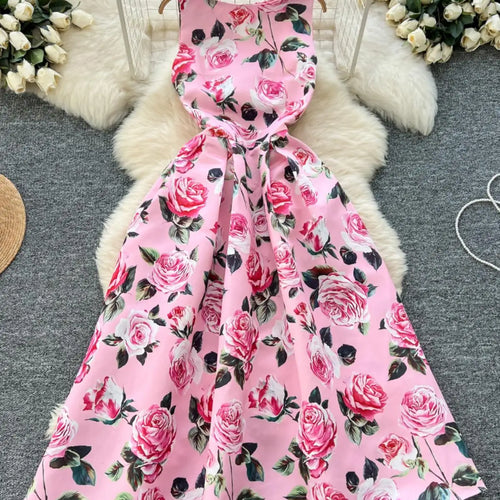 Load image into Gallery viewer, Women White Pink Flower Elegant Vest Long Dress 2025 Summer New Retro Sleeveless Fashion High Waist Pleated Dress Bohemian Trend
