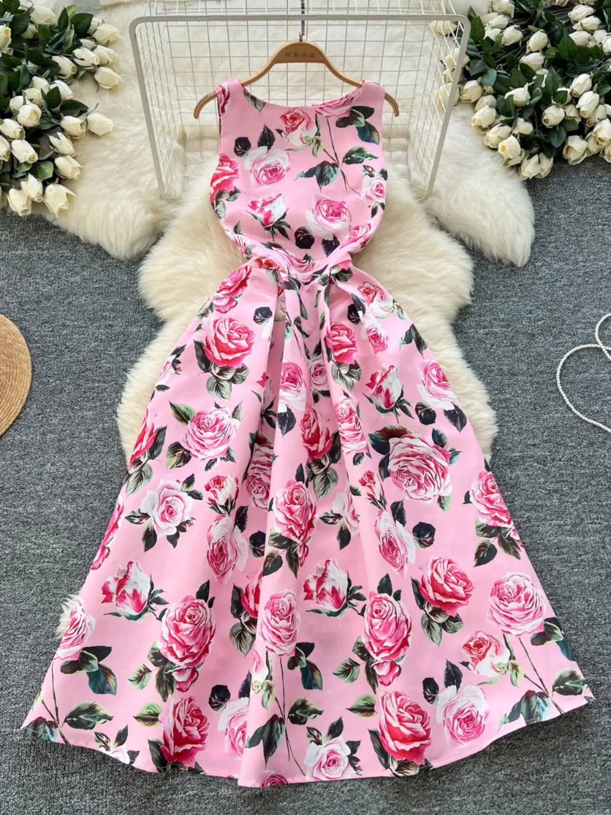 Women White Pink Flower Elegant Vest Long Dress 2025 Summer New Retro Sleeveless Fashion High Waist Pleated Dress Bohemian Trend