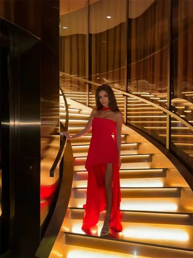 Elegant Strapless Sexy Maxi Dress For Women Gown With Scarf Off-shoulder Sleeveless Backless Split Beach Long Dress