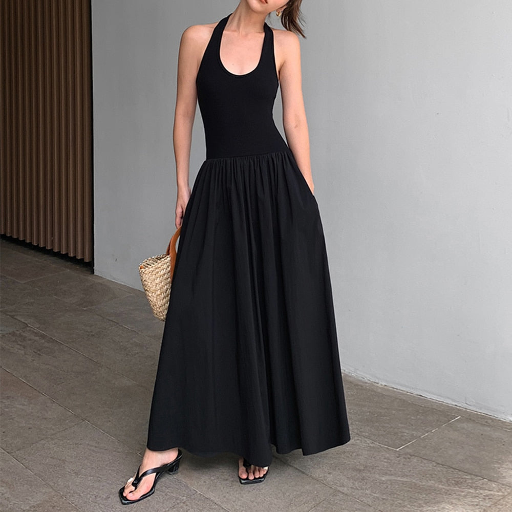 Minimalist Dresses Fpr Women Halter Sleeveless High Waist Backless Solid Elegant Dress Female Fashion Clothing