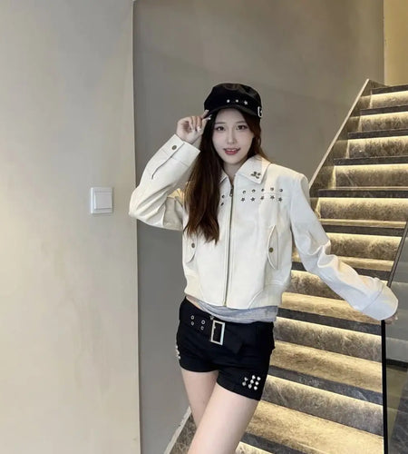 Streetwear Vintage Leather Jackets Women Clothing Chic Rivet Casual PU Crop Tops 2024 Ropa Mujer Fashion Korean Harajuku Coats
