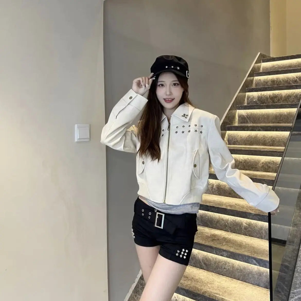 Streetwear Vintage Leather Jackets Women Clothing Chic Rivet Casual PU Crop Tops 2024 Ropa Mujer Fashion Korean Harajuku Coats