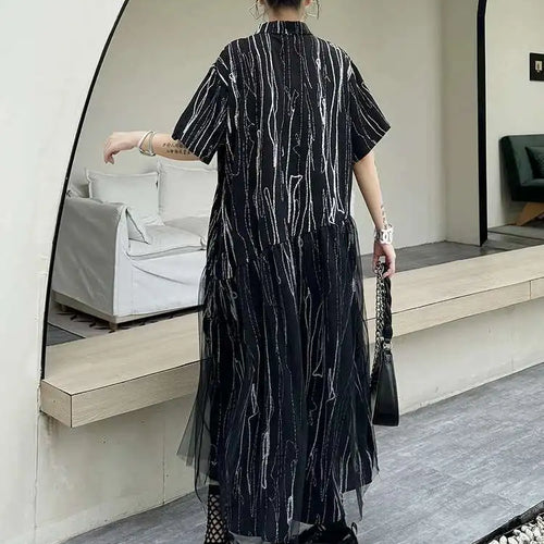 Load image into Gallery viewer, Women Black White Tie Dye Mesh Big Size Midi Shirt Dress New Lapel Short Sleeve Fashion Tide Spring Summer 2025 1DH5962
