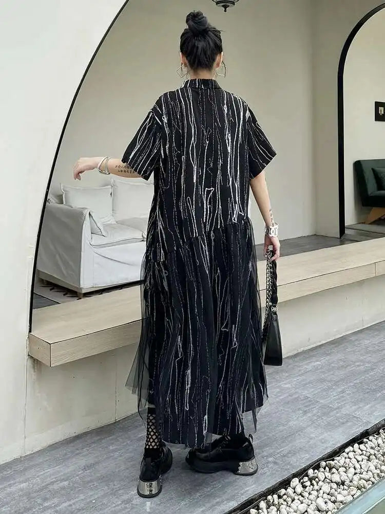 Women Black White Tie Dye Mesh Big Size Midi Shirt Dress New Lapel Short Sleeve Fashion Tide Spring Summer 2025 1DH5962