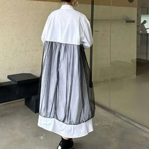 Load image into Gallery viewer, Women White Mesh Ribbons Pocket Big Size Midi Shirt Dress New Lapel Long Sleeve Fashion Tide Spring Autumn 2025 1DH8647
