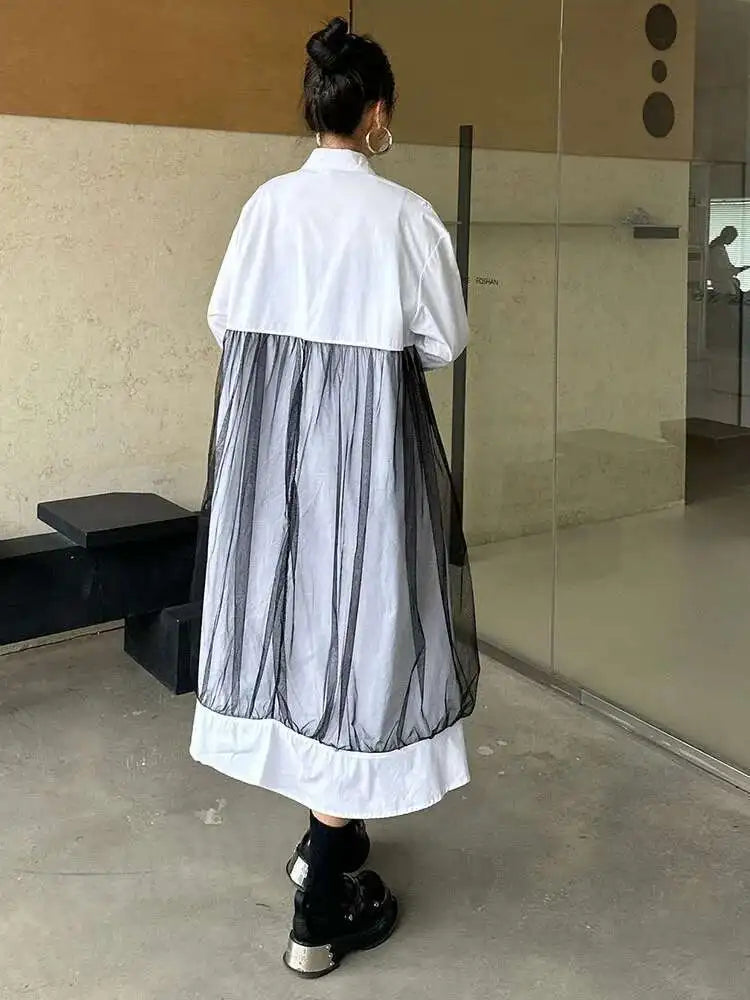 Women White Mesh Ribbons Pocket Big Size Midi Shirt Dress New Lapel Long Sleeve Fashion Tide Spring Autumn 2025 1DH8647